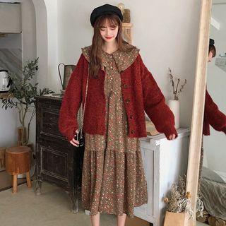 Floral Layered Collar Long-sleeve Midi Dress / Cardigan