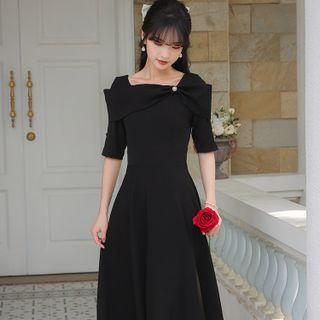 Short-sleeve Asymmetrical Bow Midi A-line Dress