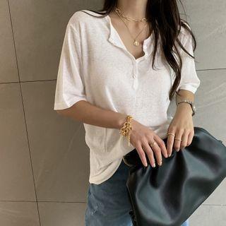 Elbow-sleeve Linen Henley