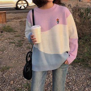 Flower Embroidered Color Panel Sweater Purple & White & Blue - One Size