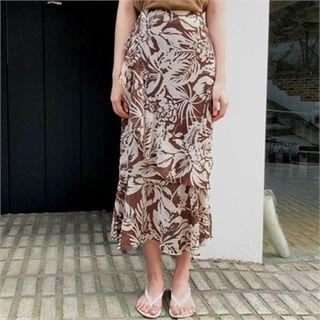 Ruffle-trim Patterned Long Skirt