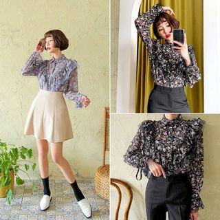 Tie-cuff Frill-trim Floral Blouse