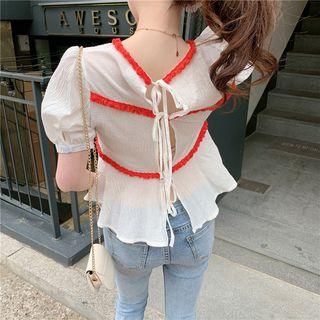 Frill Trim Drawstring Blouse White - One Size