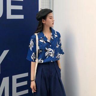 Print Loose-fit Short-sleeve Shirt / High-waist Cropped Wide-leg Pants