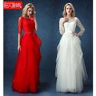 Elbow-sleeve / Long-sleeve Lace Panel A-line Evening Gown