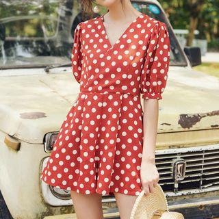 Set: Short-sleeve Dotted Playsuit + Dotted Hairband