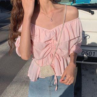 Off-shoulder Drawstring Ruffled Blouse