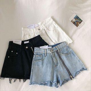 Asymmetric Zip Frayed High-waist Denim Shorts