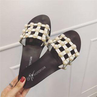 Faux-pearl Flat Slide Sandals