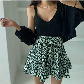 Floral Print Mini A-line Skort Black - One Size