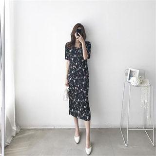Floral Print Pleated Dress Pattern - One Size