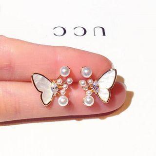 Butterfly Faux Pearl Rhinestone Alloy Earring 1 Pair - White - One Size