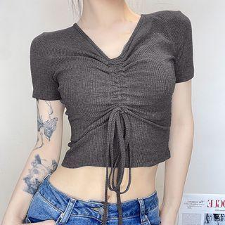 Short-sleeve V-neck Drawstring Knit Crop Top