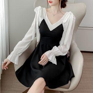 Long-sleeve V-neck Two-tone Slim-fit Dress
