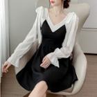 Long-sleeve V-neck Two-tone Slim-fit Dress