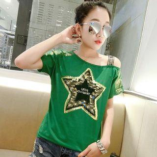 One-shoulder Bronzing Short-sleeve T-shirt