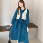 Lantern-sleeve Midi A-line Dress / Single-breasted Vest