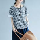 Short-sleeve Lace-trim Check Top