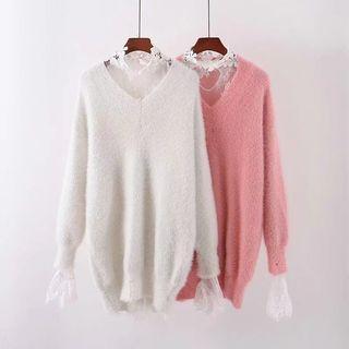 Set: Lace Long-sleeve Top + V-neck Long Sweater