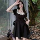 Short-sleeve Square-neck Lace Panel Bow Dress
