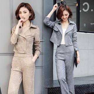 Set: Cropped Double Breasted Blazer + Wide-leg Dress Pants