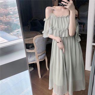 Off-shoulder Ruffled A-line Dress Green - One Size