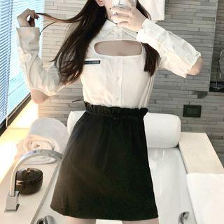 Long-sleeve Cutout Shirt / Ruffled A-line Skirt