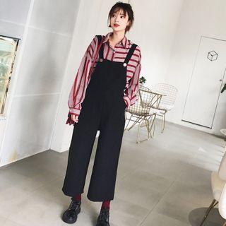 Set: Long-sleeve Striped Shirt + Wide-leg Jumper Pants