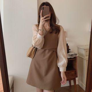 Long-sleeve Two-tone Panel Mini A-line Dress