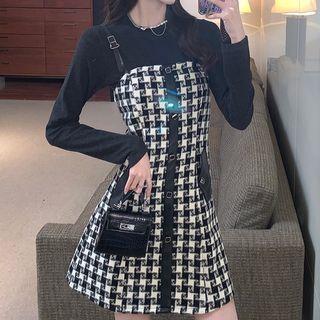 Set: Long-sleeve T-shirt + Spaghetti Strap Houndstooth Dress