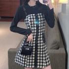 Set: Long-sleeve T-shirt + Spaghetti Strap Houndstooth Dress