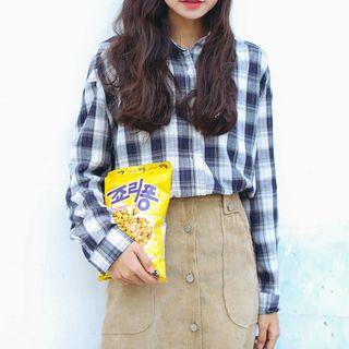 Long Sleeve Plaid Shirt Blue - One Size
