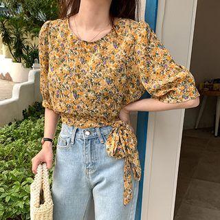 Floral Print Open-back Tie-waist Top