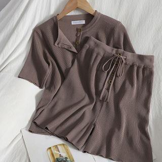 Set: Short-sleeve Button-up Knit Top + Shorts