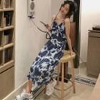 Spaghetti Strap Tie-dye Print Midi A-line Dress Tie-dye Print - Blue - One Size