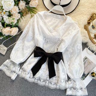 Flared-cuff Tie-waist Lac Blouse