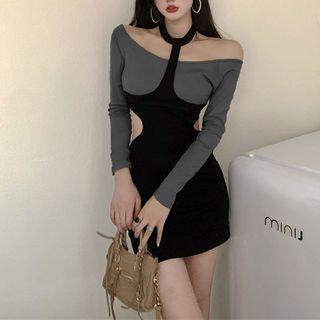 Mock Two-piece Long-sleeve Two-tone Cutout Mini Sheath Dress