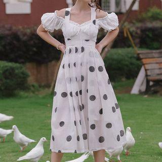 Puff-sleeve Blouse / Dotted Suspender Midi A-line Skirt