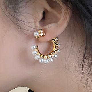 Faux Pearl Alloy Open Hoop Earring 2595a - 1 Pair - Ear Studs - White & Gold - One Size