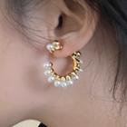 Faux Pearl Alloy Open Hoop Earring 2595a - 1 Pair - Ear Studs - White & Gold - One Size