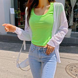 Drop-shoulder Ribbed See-through Cardigan