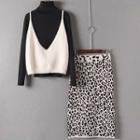 Set: Turtleneck Long-sleeve Knit Top + Knit Camisole Top + Leopard Straight-fit Knit Skirt As Shown In Figure - One Size
