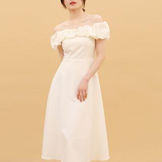Puff-sleeve Off-shoulder Midi A-line Dress