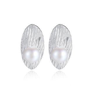 Sterling Silver Fashion Simple Leaf White Freshwater Pearl Stud Earrings Silver - One Size