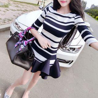 Elbow-sleeve Striped Ruffle Dress