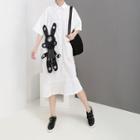 3/4-sleeve Rabbit Detail Pleated Paneled Midi Shirt Dress