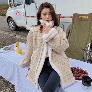 Faux Shearling Plaid Panel Coat