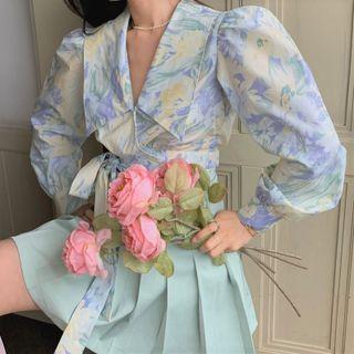Floral Long-sleeve Shirt / High-waist A-line Accordion Pleat Mini Skirt