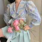 Floral Long-sleeve Shirt / High-waist A-line Accordion Pleat Mini Skirt