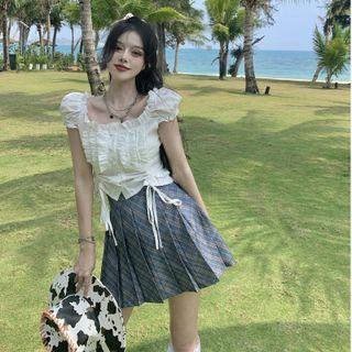 Short-sleeve Drawstring Blouse / Plaid Mini Skirt